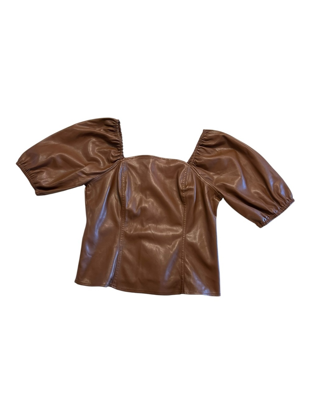 Marc New York Faux Leather Puff Sleeve Top Brown Chic Quiet Luxury 📐M - Picture 3 of 11